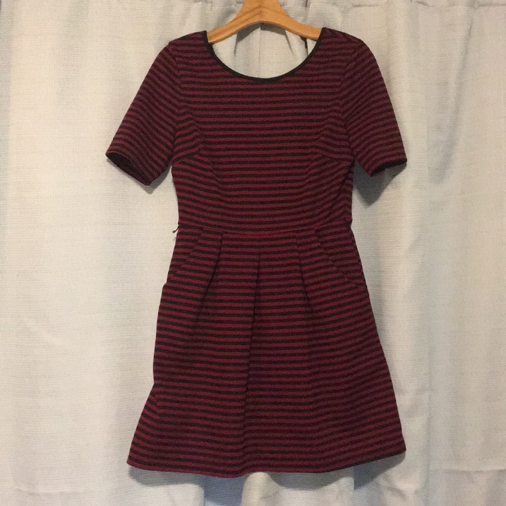 Red & black horizontal striped dress with pockets